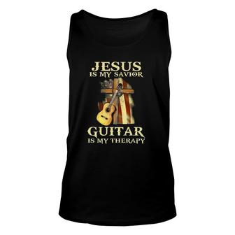 Jesus Is My Savior Guitar Is My Therapy Christian Cross And Guitar Usa Flag In Background Vintage Tank Top | Mazezy