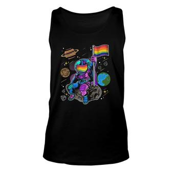 Lgbt Astronaut With Rainbow Pride Flag Sitting On The Moon Raglan Baseball Tee Tank Top | Mazezy