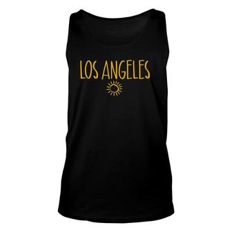 Los Angeles Sun Drawing Handwrittent Text Amber Print Unisex Tank Top | Mazezy