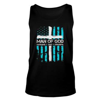 Man Of God Husband Dad Grandpa American Flag Christian Cross Tank Top | Mazezy