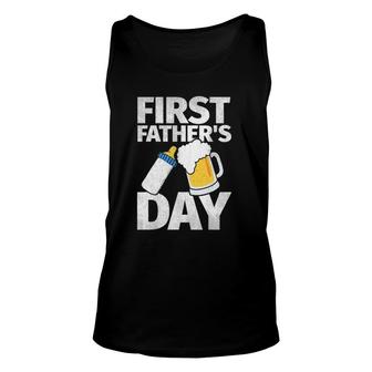 Mens First Father's Day Gifts Beer Baby Bottle Dad Daddy Unisex Tank Top | Mazezy