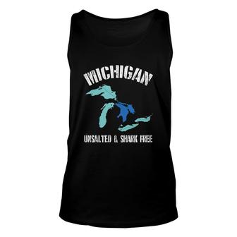 Michigan Unsalted & Shark Free Funny Great Lakes Unisex Tank Top - Thegiftio UK