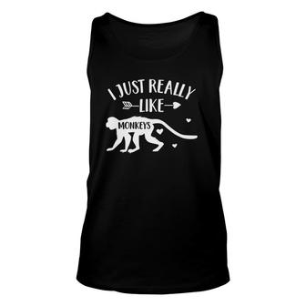 Monkey Lover Gift 'I Just Really Like Monkeys' Funny Monkey Unisex Tank Top | Mazezy