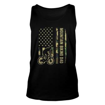 Mountain Biking Dad Camouflage American Flag Fathers Day Unisex Tank Top | Mazezy