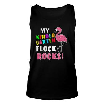 My Kindergarten Flock Rocks Flamingo Teacher Gift Unisex Tank Top | Mazezy