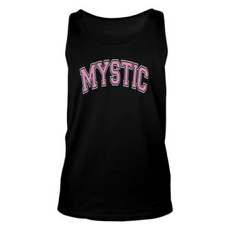 Mystic Connecticut Ct Varsity Style Pink Text Unisex Tank Top | Mazezy