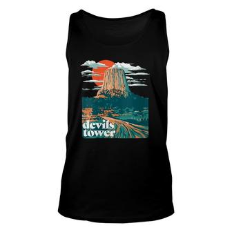 Womens Retro Devils Tower Monument Vintage Graphic V-Neck Tank Top | Mazezy