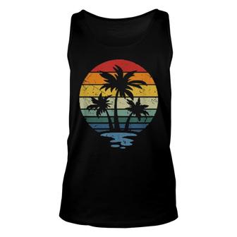 Retro Palm Trees Tropical Island Sunset Beach Distressed Art Tank Top | Mazezy