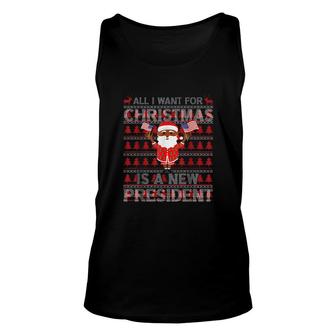 Santa Clau Hold American Flag All I Want For Christmas Is A New President Ugly Christmas Sweat Tank Top | Mazezy