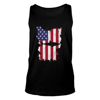 Shark Usa Flag America 4Th Of July Murica Gift Vintage Unisex Tank Top | Mazezy