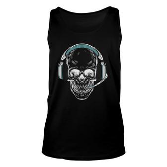 Skull Gamer Skull Wearing Headphone Unisex Tank Top | Mazezy