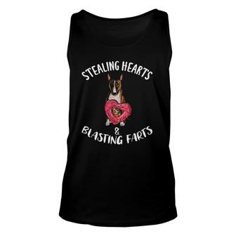 Stealing Hearts Blasting Farts Miniature Bull Terrier Dog Unisex Tank Top | Mazezy