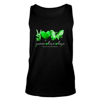 Mental Health Matters Peace Love Hope Green Ribbon Heart Butterfly V Sign Tank Top | Mazezy UK