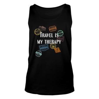 Womens Travel Is My Therapy Distressed World Traveler Passport V-Neck Tank Top | Mazezy