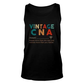 Vintage Cna Definition Noun Knows More Than She Says And Notices More Than You Realize Nursing Nurse Caduceus Tank Top | Mazezy