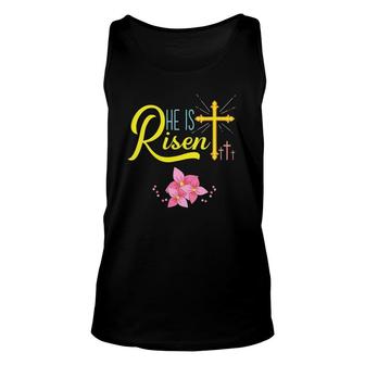 Womens He Is Risen - Christian Happy Easter Jesus V-Neck Unisex Tank Top | Mazezy