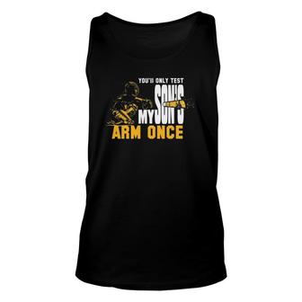 You Will Only Test My Son's Arm Once Baseball Tee Unisex Tank Top | Mazezy