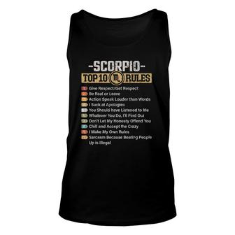 Zodiac Sign Funny Top 10 Rules Of Scorpio Graphic Unisex Tank Top | Mazezy