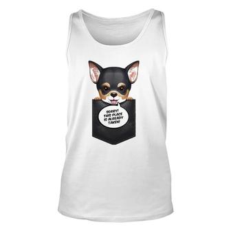 Black And Tan Short Haired Chihuahua In Chest Pocket Unisex Tank Top | Mazezy