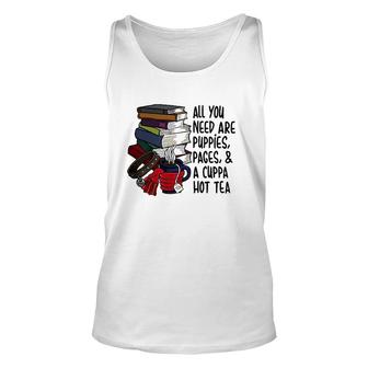 Book Reader Puppies Pages And Hot Tea Reading Library Unisex Tank Top | Mazezy