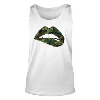 Womens Camouflage Lips Mouth Military Kiss Me Biting Camo Kissing V-Neck Tank Top | Mazezy