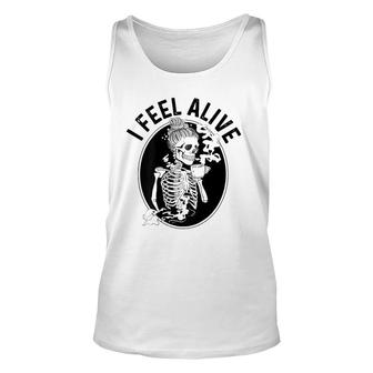 Coffee Drinking Skeleton Staying Alive Funny Coffee Addict Unisex Tank Top | Mazezy