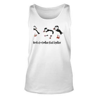 Womens Cute Birds Of A Feather Flock Together Playful Puffins Tank Top | Mazezy
