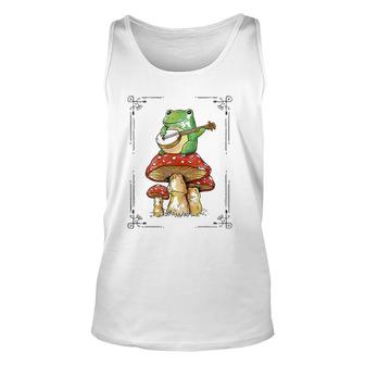 Funny Cottagecore Aesthetic Frog Playing Banjo On Mushroom Unisex Tank Top | Mazezy