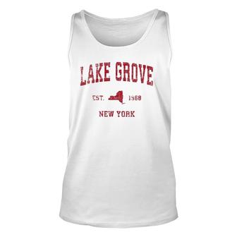 Womens Lake Grove New York Ny Vintage Sports Red Print Tank Top | Mazezy