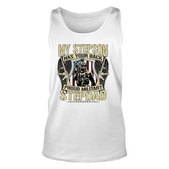 My Stepson Has Your Back Proud Military Stepdad Army Gift Unisex Tank Top | Mazezy