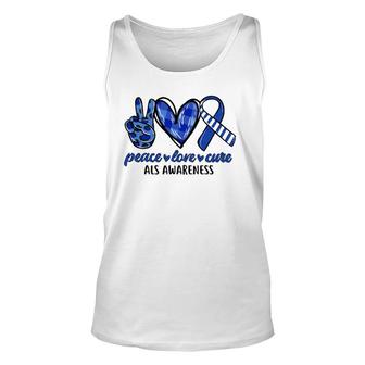 Peace Love Cure Blue & White Ribbon Als Awareness Month Unisex Tank Top | Mazezy