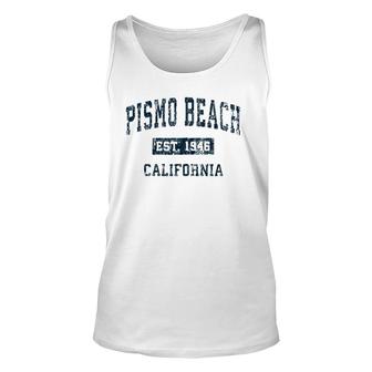 Pismo Beach California Ca Vintage Sports Navy Print Zip Tank Top | Mazezy