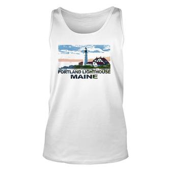 Portland Lighthouse Maine At Sunrise Vacation Unisex Tank Top | Mazezy