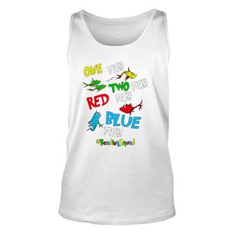Reading Teacher Squad One Two Red Blue Fish Funny Unisex Tank Top | Mazezy
