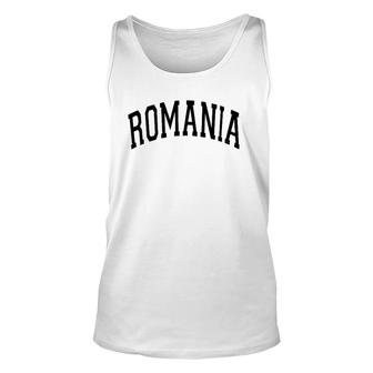 Romania Varsity Style Black Text Unisex Tank Top | Mazezy