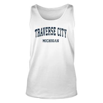 Traverse City Michigan Mi Vintage Varsity Sports Navy Tank Top | Mazezy