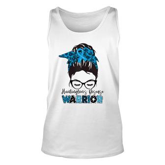 Womens Tu Messy Bun Blue Ribbon Huntington's Disease Awareness Tank Top | Mazezy