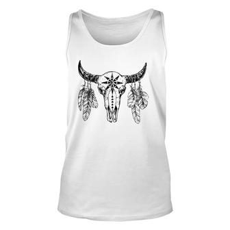 Western Rodeo Bull Skull With Feathers Unisex Tank Top | Mazezy