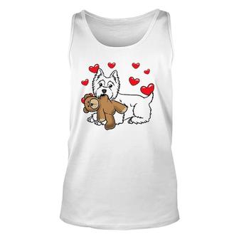 White West Highland Terrier Dog With Stuffed Animal Unisex Tank Top | Mazezy
