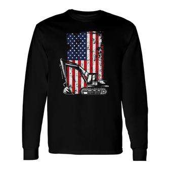 4Th Of July American Flag Construction Backhoe Excavator Long Sleeve T-Shirt T-Shirt | Mazezy
