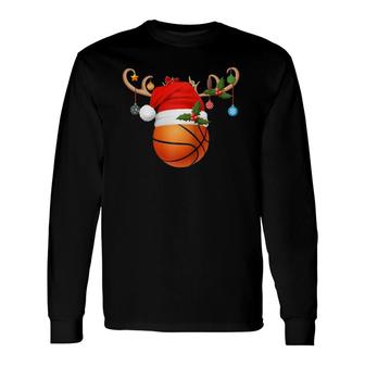 Basketball Player Reindeer Santa Hat Basketball Christmas Raglan Baseball Tee Long Sleeve T-Shirt T-Shirt | Mazezy