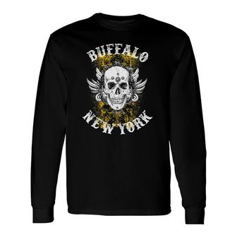 Buffalo Ny Biker Style Skull Distressed Print Text Long Sleeve T-Shirt T-Shirt | Mazezy