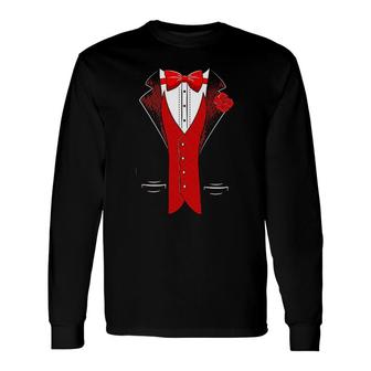 Classic Tuxedo With Red Rose Long Sleeve T-Shirt | Mazezy