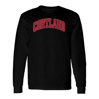 Cortland Varsity Style Red Text Long Sleeve T-Shirt | Mazezy