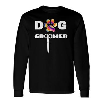 Dog Groomer Tie Dye Paw Print Grooming Scissors Long Sleeve T-Shirt | Mazezy