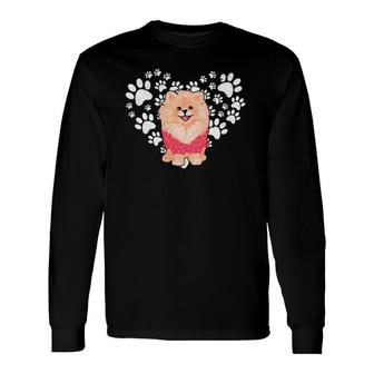 Dog Paw Heart Valentine's Day Pomeranian Long Sleeve T-Shirt T-Shirt | Mazezy UK
