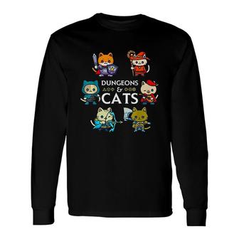 Dungeons And Cats RPG D20 Dice Nerdy Fantasy Gamer Cat Long Sleeve T-Shirt - Seseable