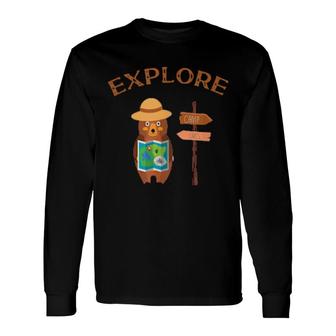 Explorer Backpacking Hiking Bear With Map,Camping And Hiking Long Sleeve T-Shirt T-Shirt | Mazezy