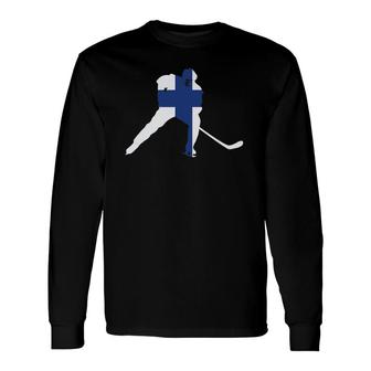 Finland Ice Hockey Player Finnish Team Stick Puck Long Sleeve T-Shirt T-Shirt | Mazezy