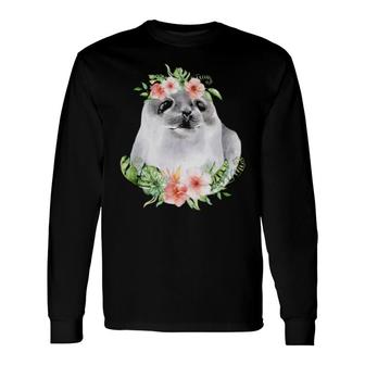 Floral Harp Seal With Tropical Hawaii Flowers Baby Sea Lion Long Sleeve T-Shirt T-Shirt | Mazezy